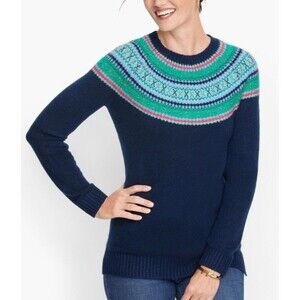 Talbots Fair Isle Beaded Sweater Womens M Navy Green Excellent Winter Ski